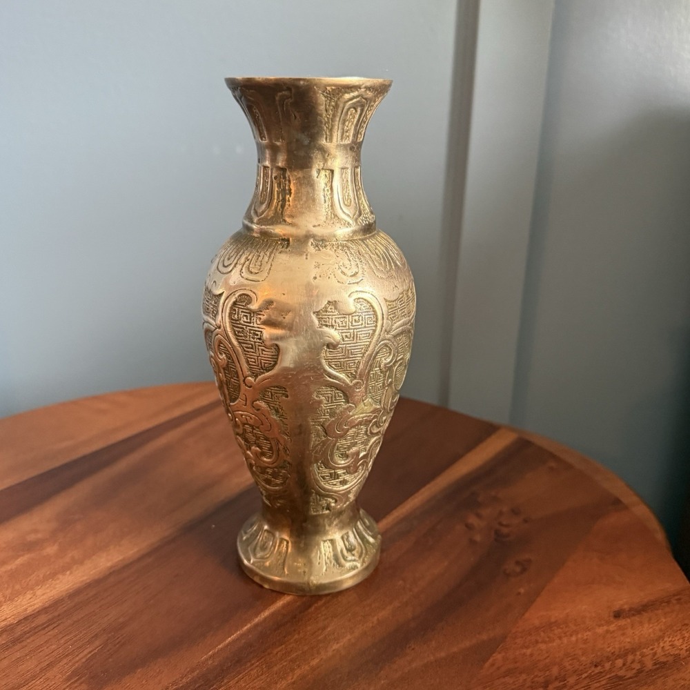 Heavy Cast Brass Asian Inspired Sculptural Vase Form Open Bottom 9" - Picture 10 of 13